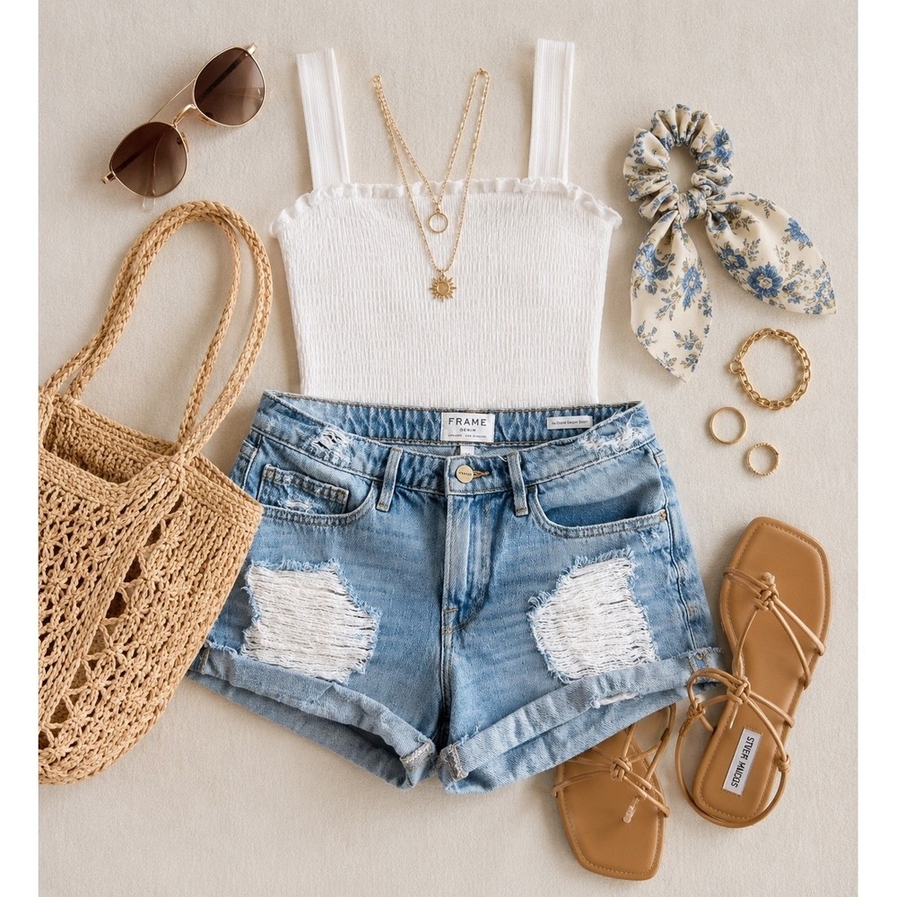 Frame Denim Le Grand Garcon Shorts‎ Distressed Light Wash Blue Size 24